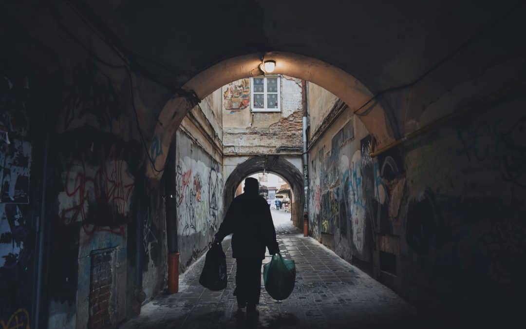 Person Carrying Bag in an Alley