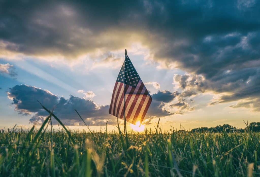 USA Flag in a Field Sunset