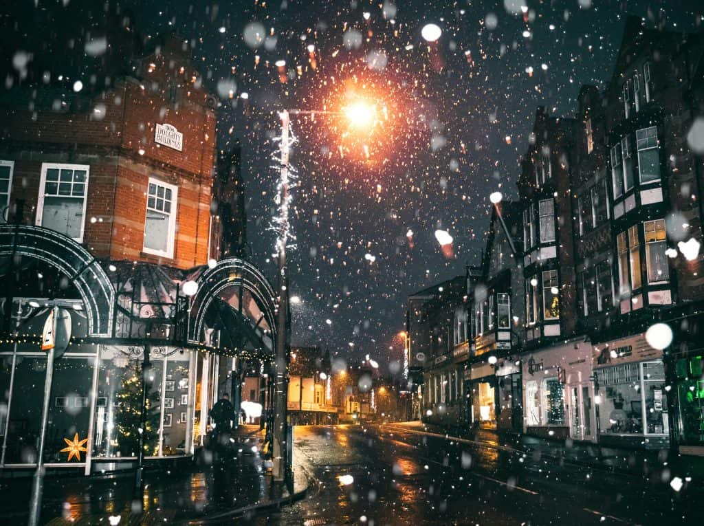 snow holiday lights town