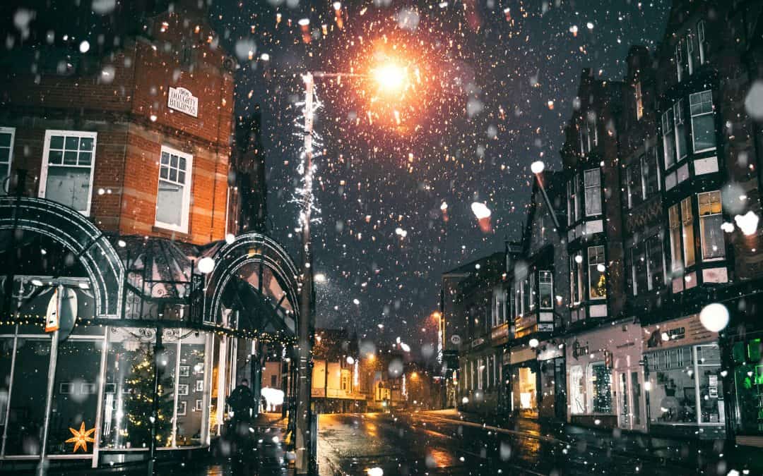 snow holiday lights town