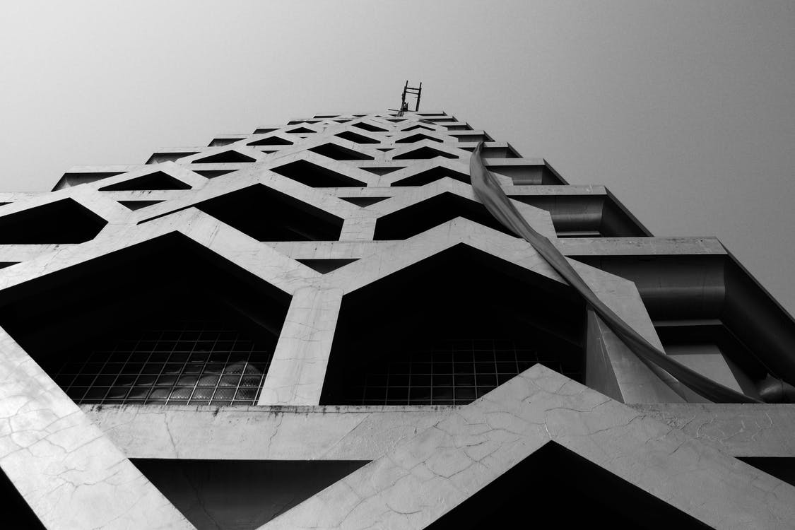 building high up black white