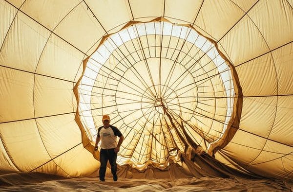 hot air balloon man walking