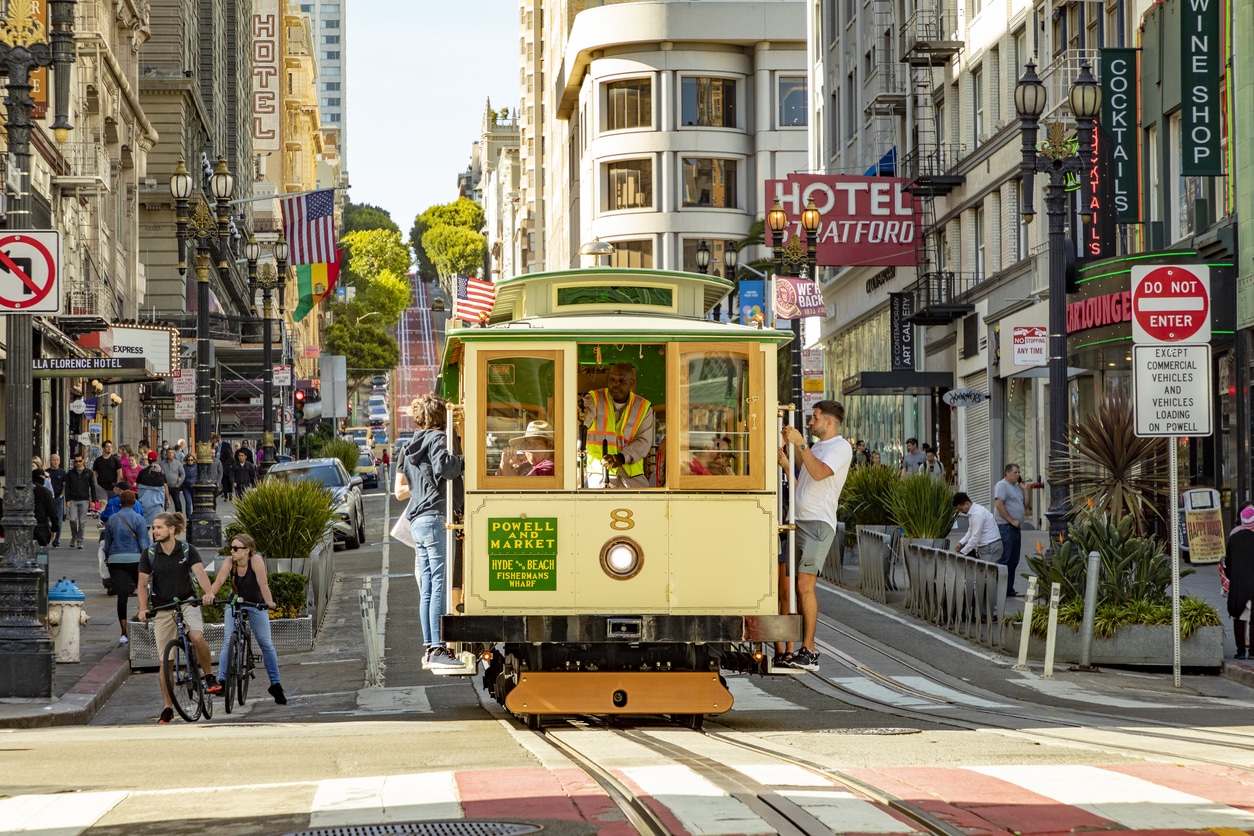 historic Cable Car Powell Hyde Line on turntable at Powell Street terminal at Market Street in downtown San Francisco, California CA, USA