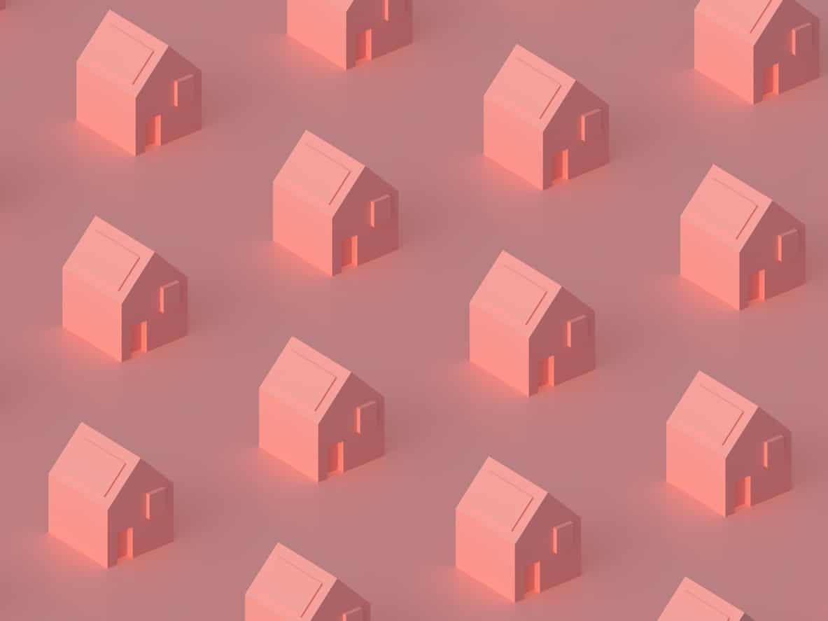 3d houses pattern background with pastel cream and pink colors. Geometrical shapes pink texture.