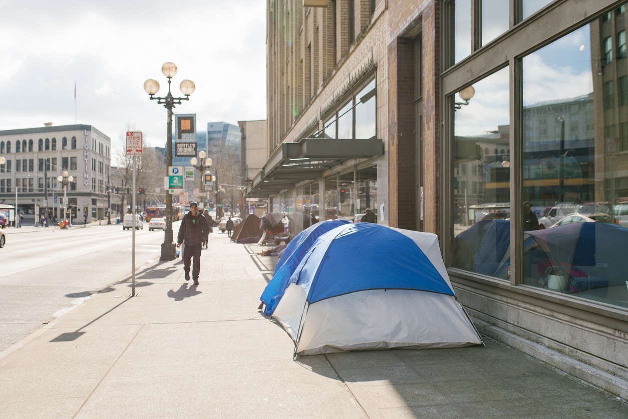 Homeless tents on a city street, in downtown in Seattle