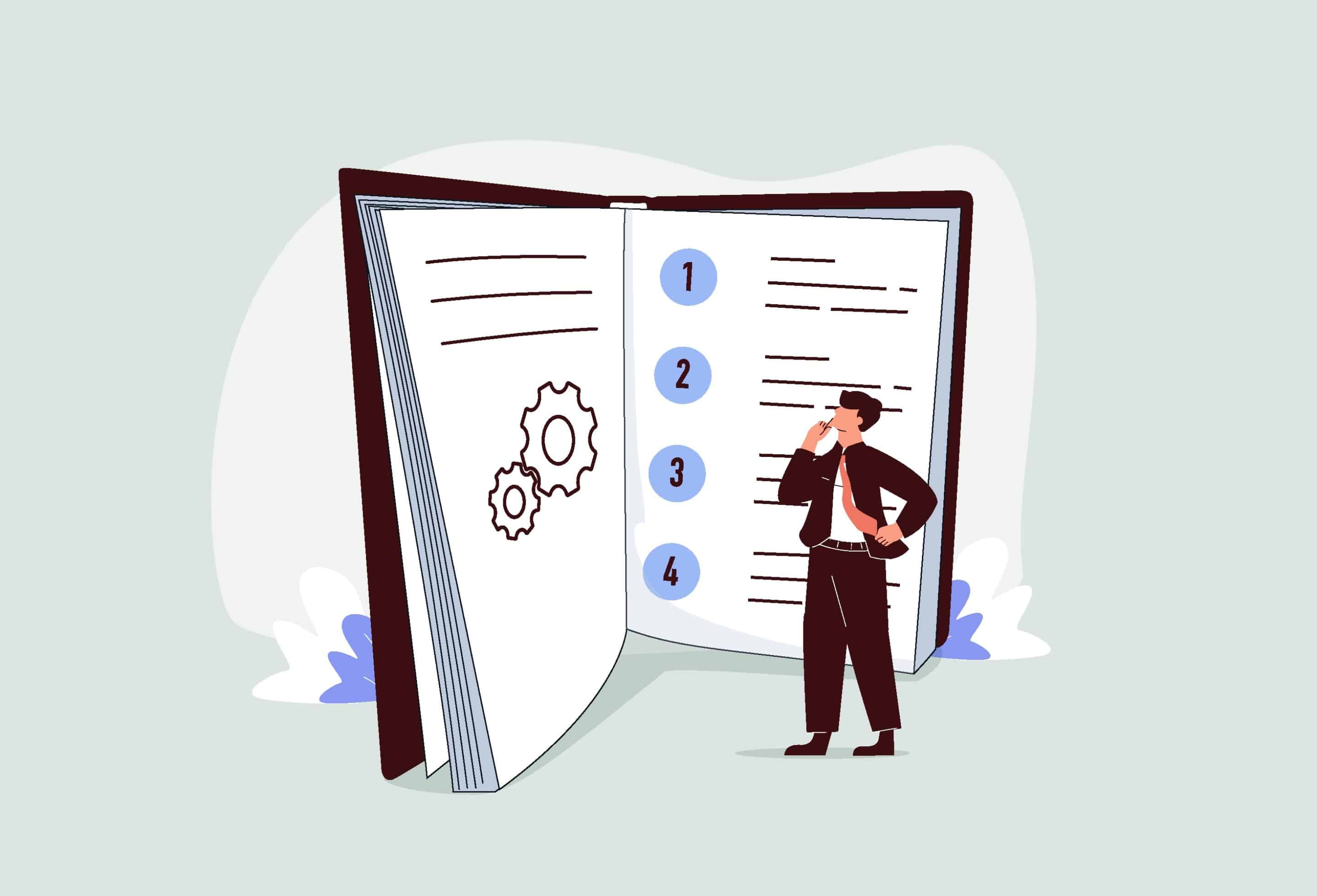 User manual illustration set. People characters reading and writing privacy policy and terms and conditions for guide