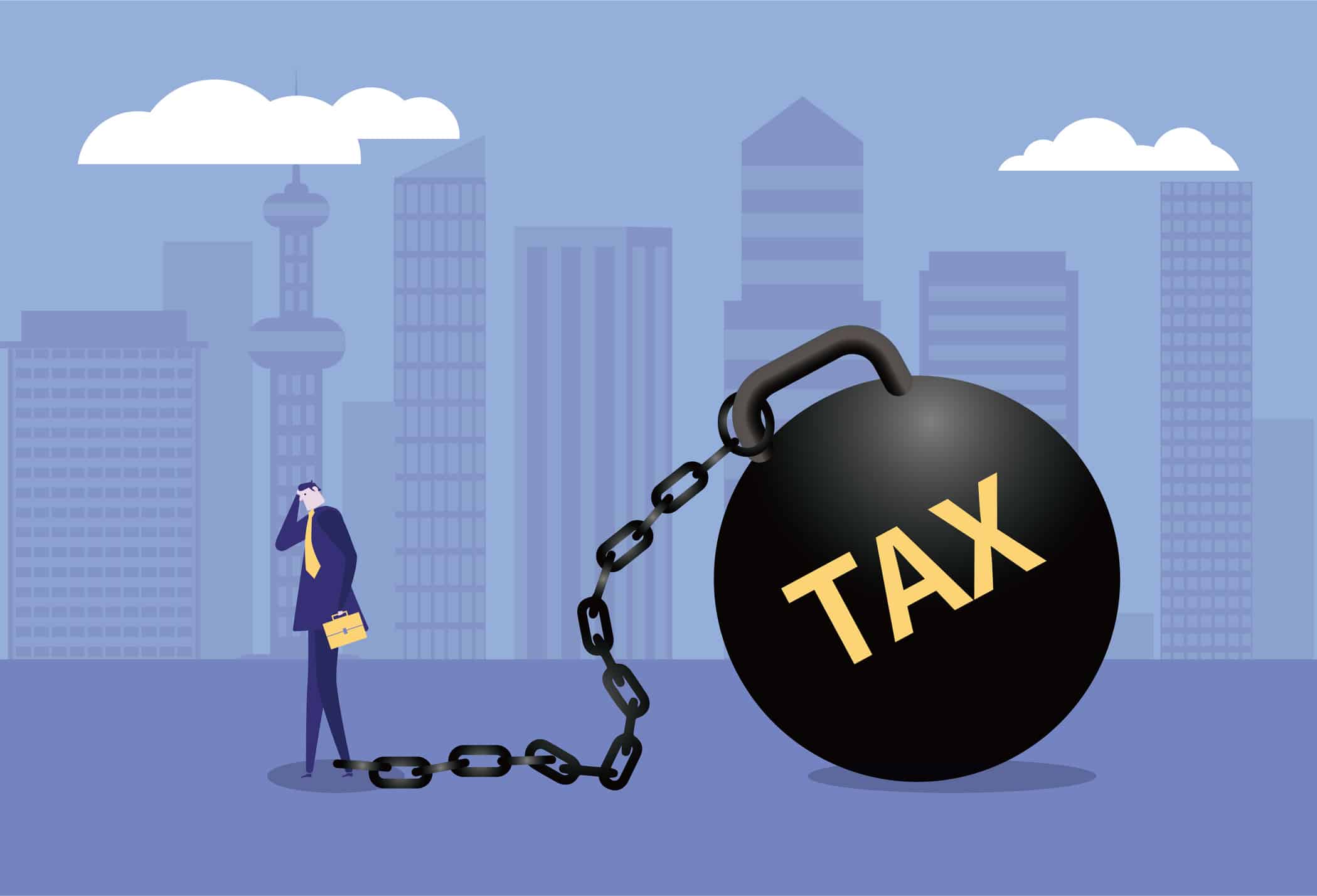 Business man is imprisoned by tax iron ball