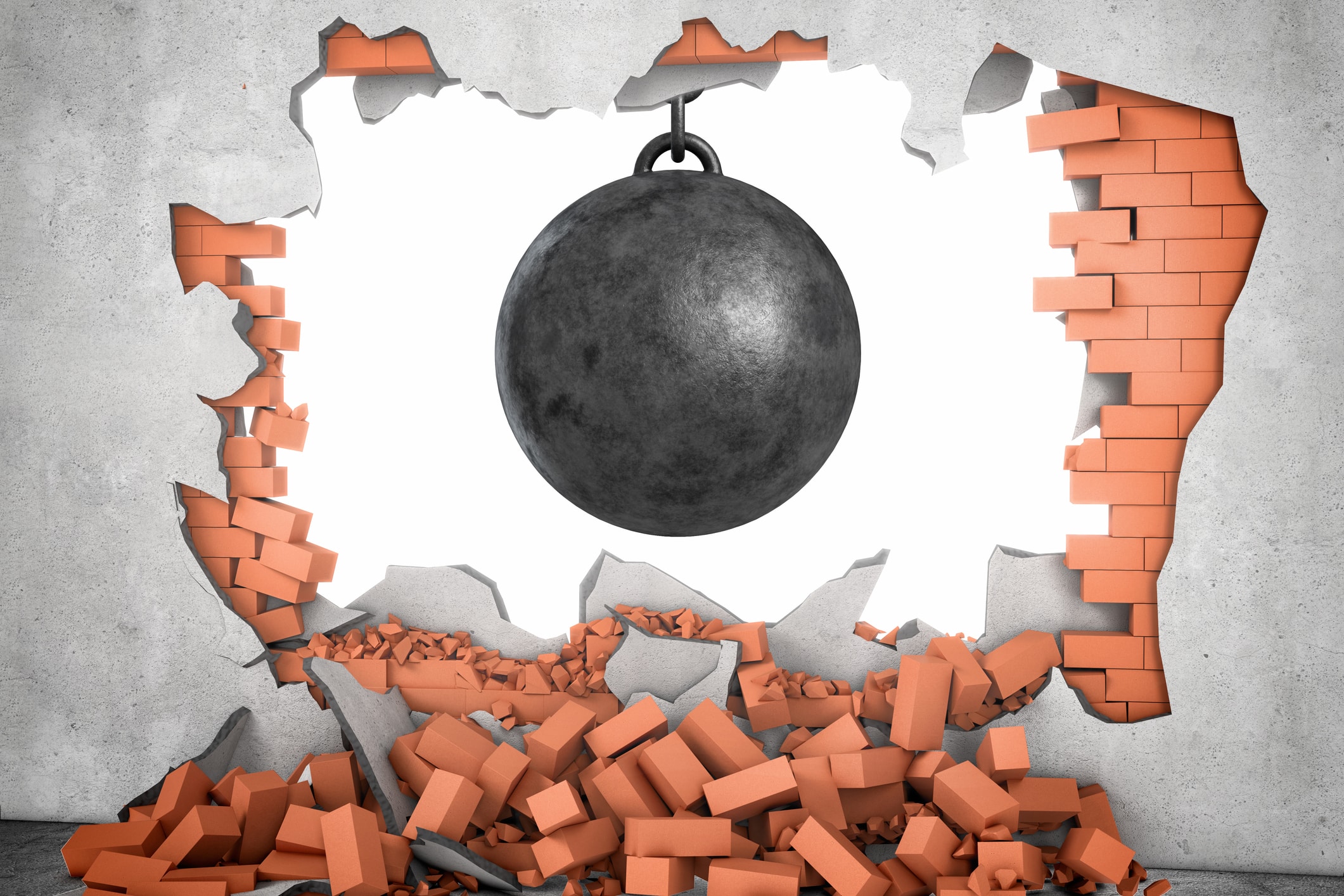 3d rendering of a large black wrecking ball hanging in a hole made in a brick wall with many bricks lying around