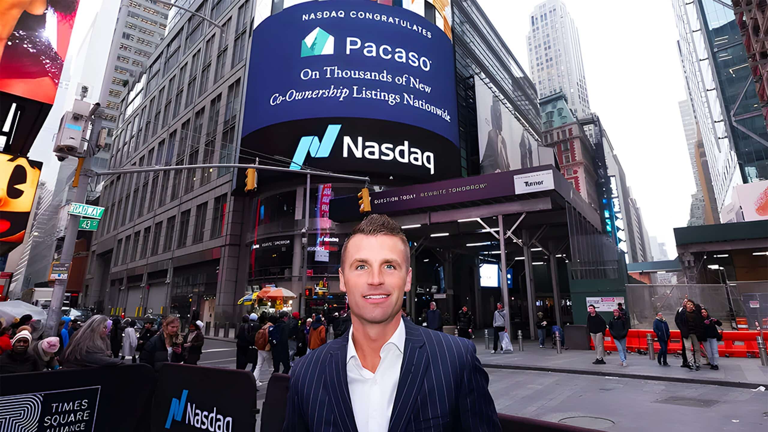 Pacaso- Pacaso Co-Founder CEO Austin Allison in Times Square after the company reserved the Nasdaq