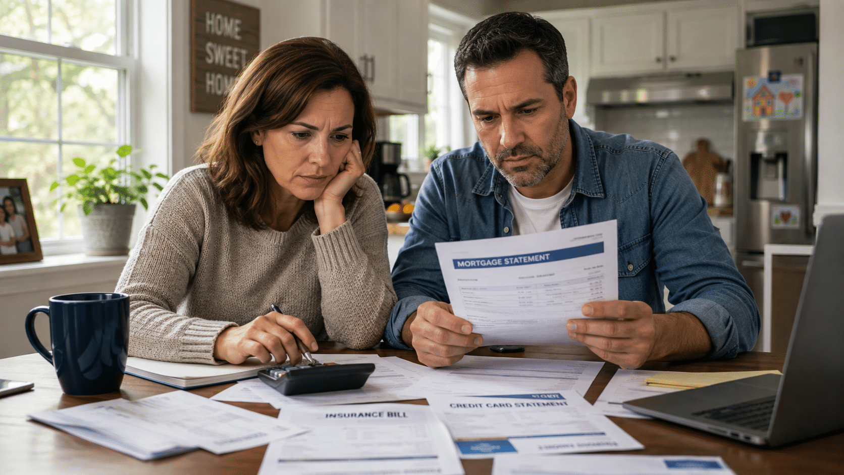 FHA Mortgage Borrower Financial Stress Homeowner reviewing household expenses as FHA mortgage delinquencies rise