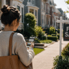 Prospective homebuyer using a smartphone while searching for homes in a residential neighborhood