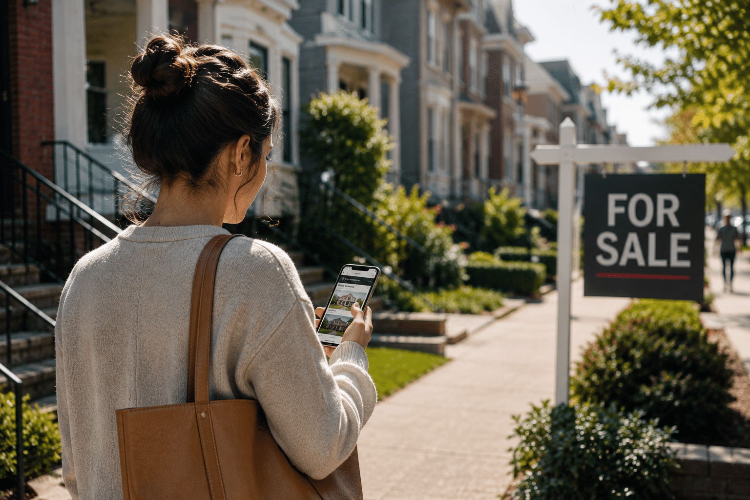 The Competition for the Real Estate Customer Prospective homebuyer using a smartphone while searching for homes in a residential neighborhood