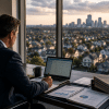 Mortgage professional overlooking a residential housing market while reviewing mortgage data