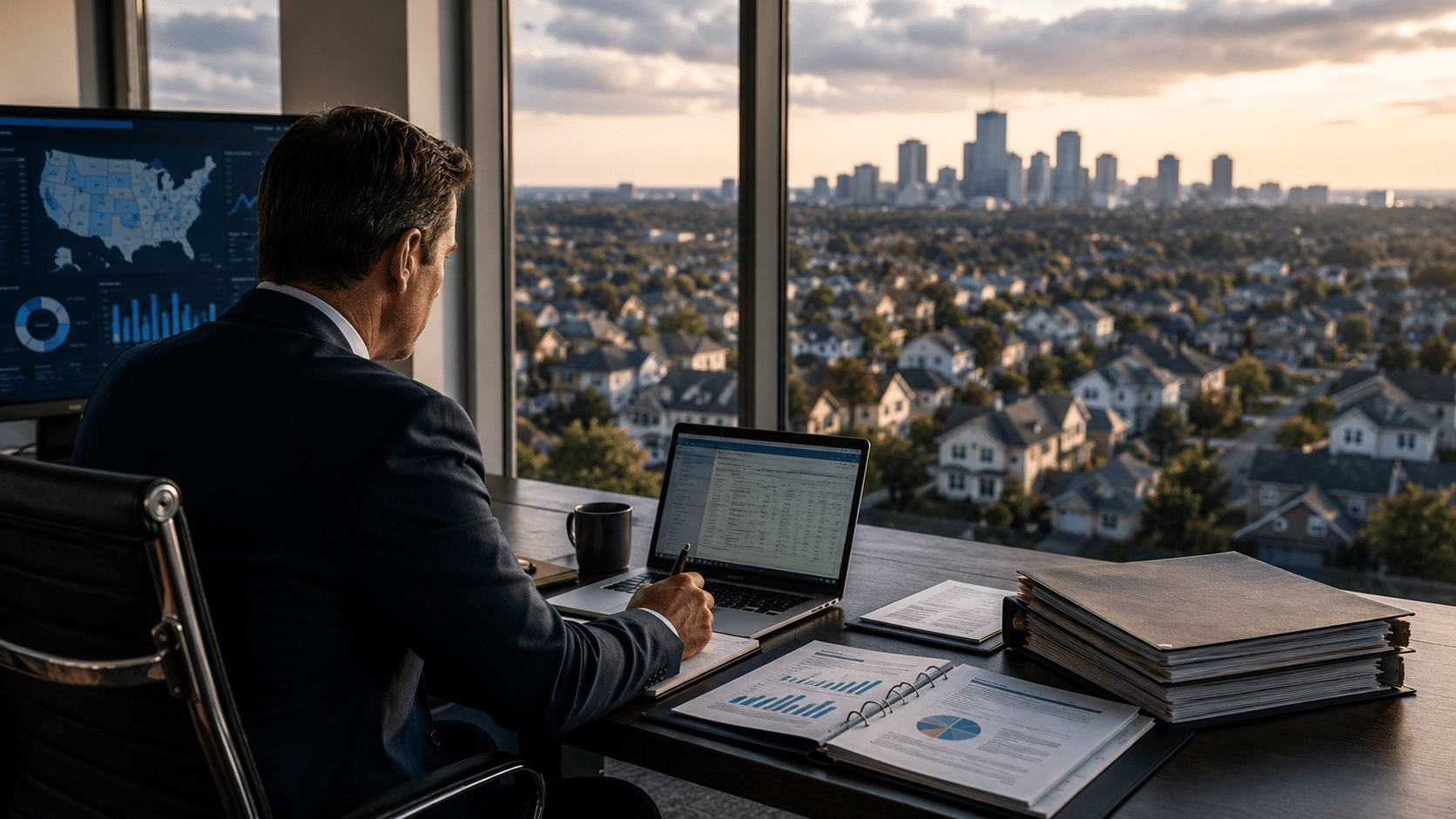 The Modern Mortgage Market and American Homeownership Mortgage professional overlooking a residential housing market while reviewing mortgage data
