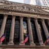 New York Stock Exchange with American flags as the 10-year Treasury yield rises above 5.05%