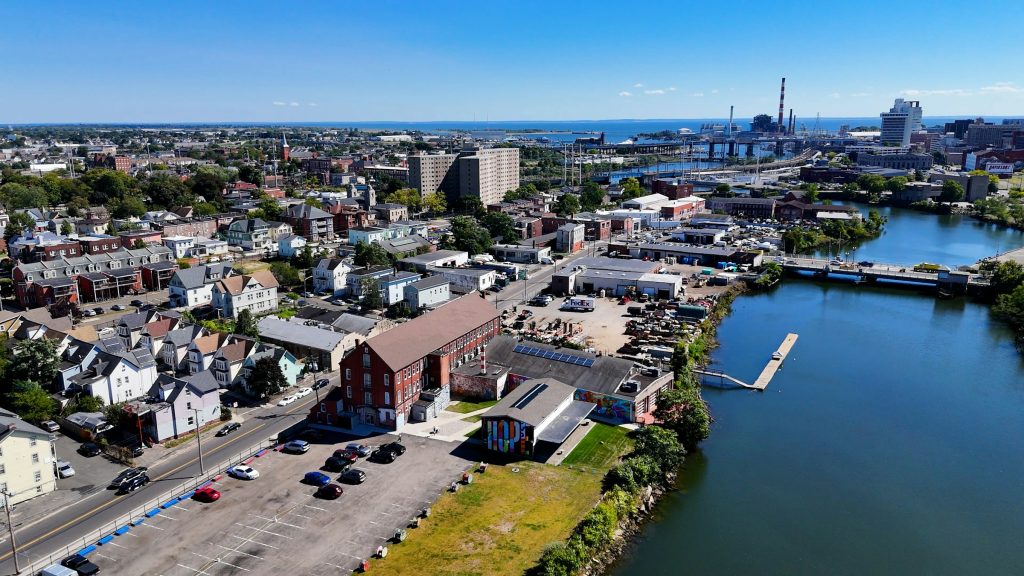 Aerial view of Bridgeport, Connecticut, showing residential neighborhoods and waterways