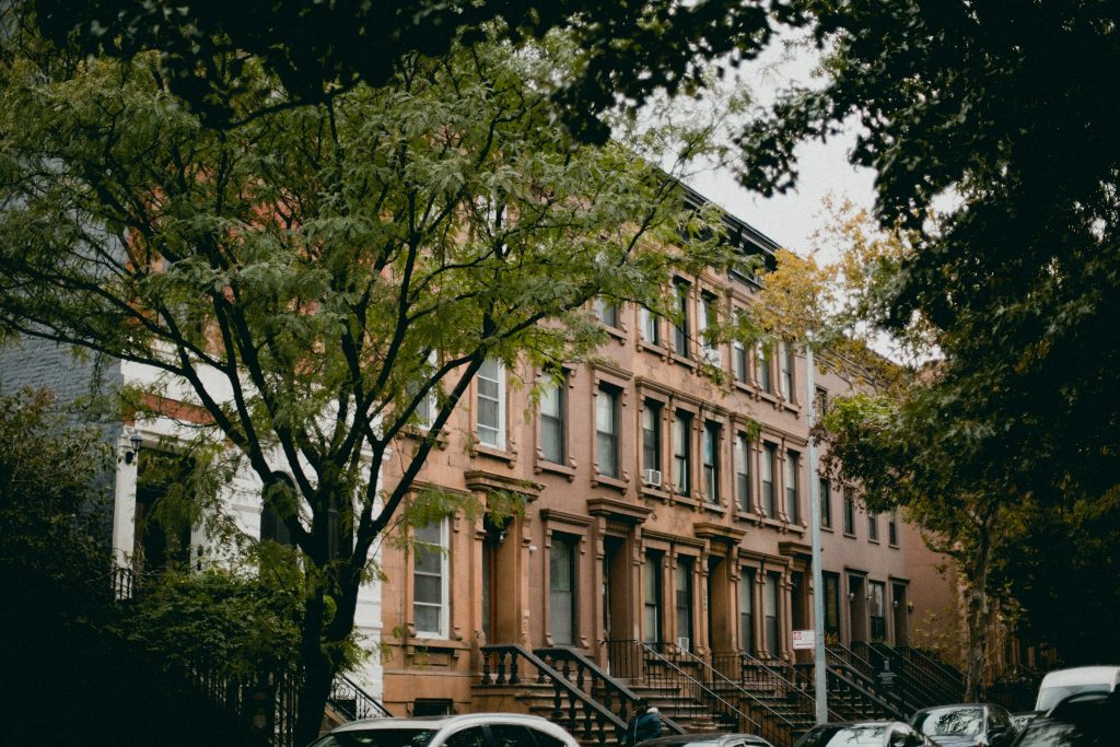 Brick residential buildings on a Brooklyn street in New York