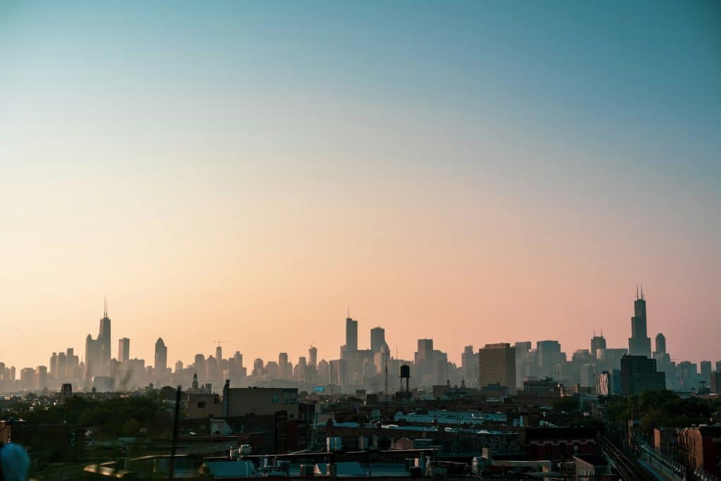 Chicago skyline at sunrise viewed across the city