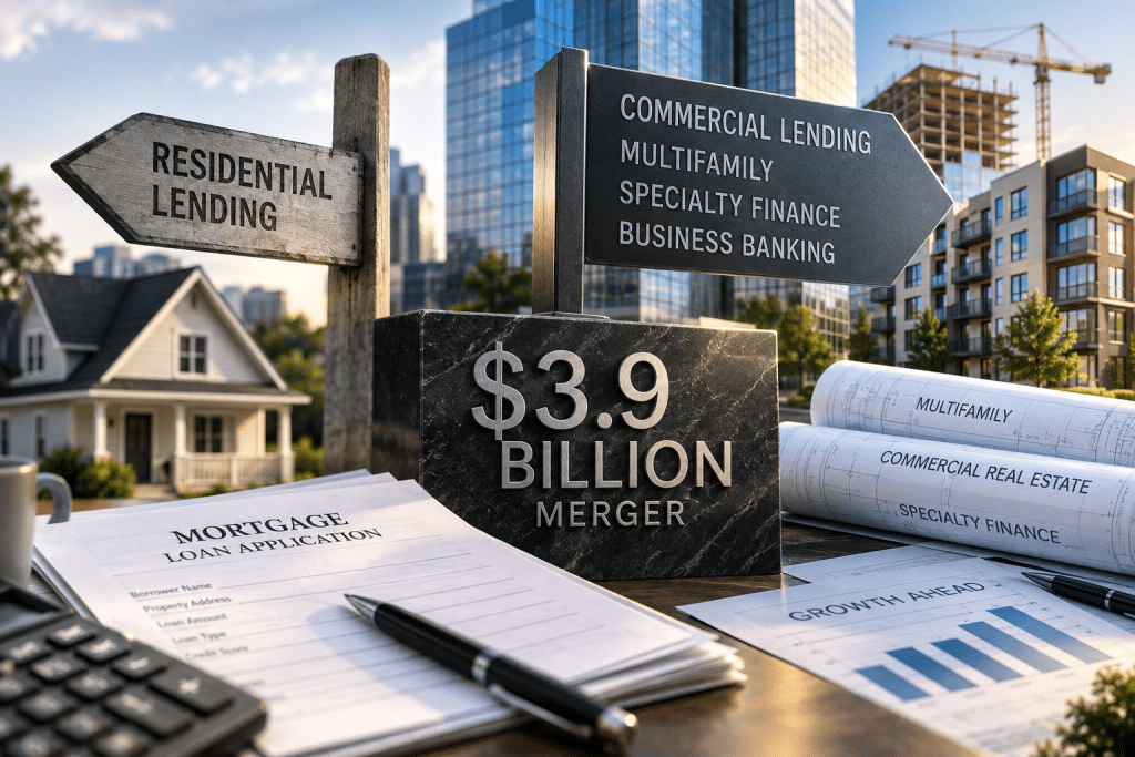Editorial illustration representing the $3.9 billion EverBank and WaFd merger and shift toward commercial and specialty lending