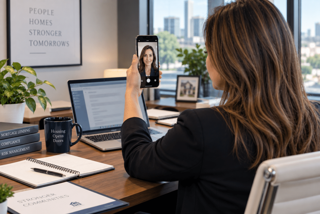 Mortgage professional using a smartphone for identity verification before accessing a government mortgage system