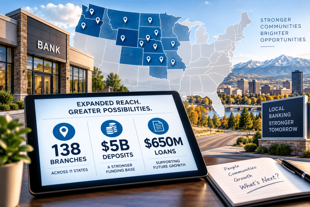 Editorial illustration of a U.S. banking expansion involving 138 branches, $5 billion in deposits and $650 million in loans