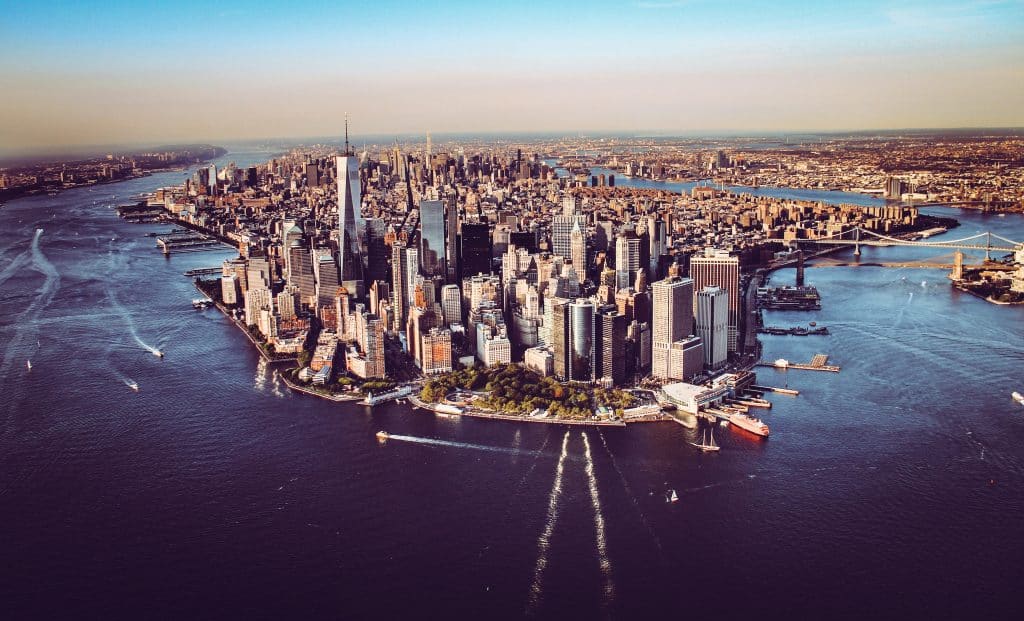 Aerial view of dense Lower Manhattan buildings