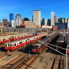Transit trains at a rail facility in the Boston area