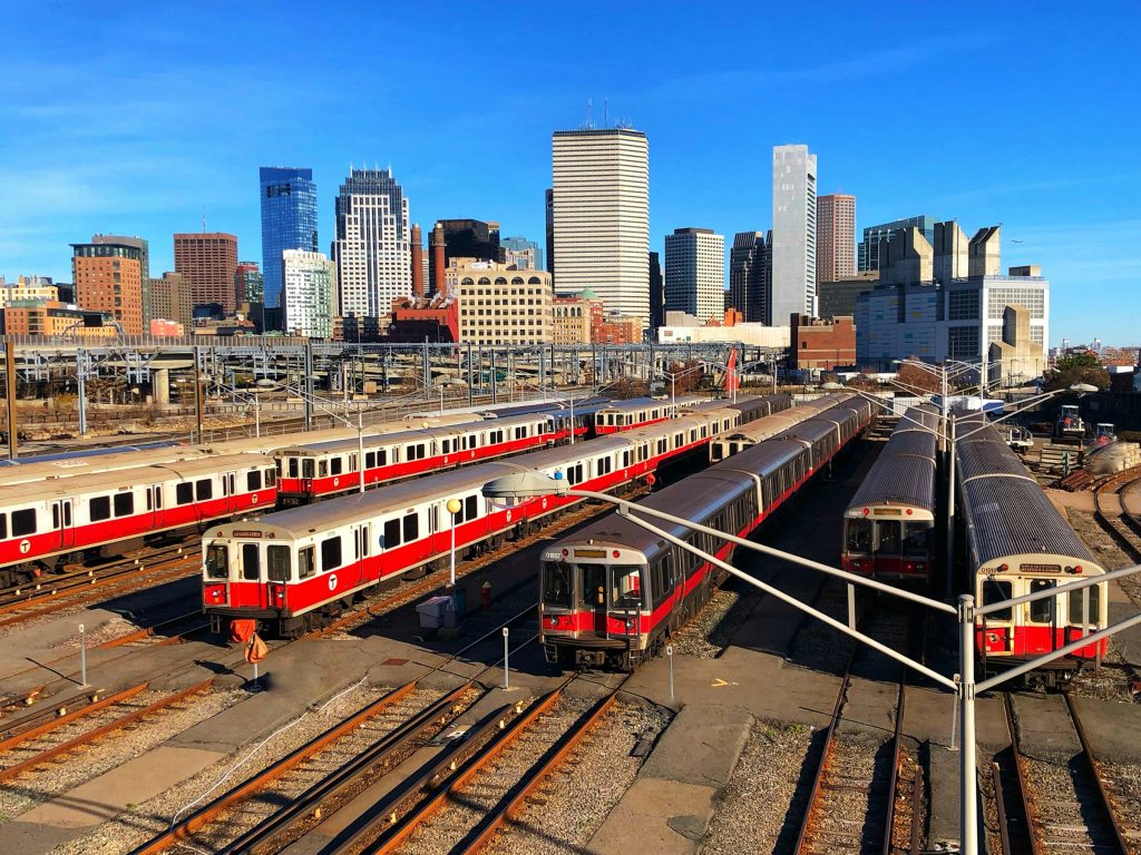 Transit trains at a rail facility in the Boston area