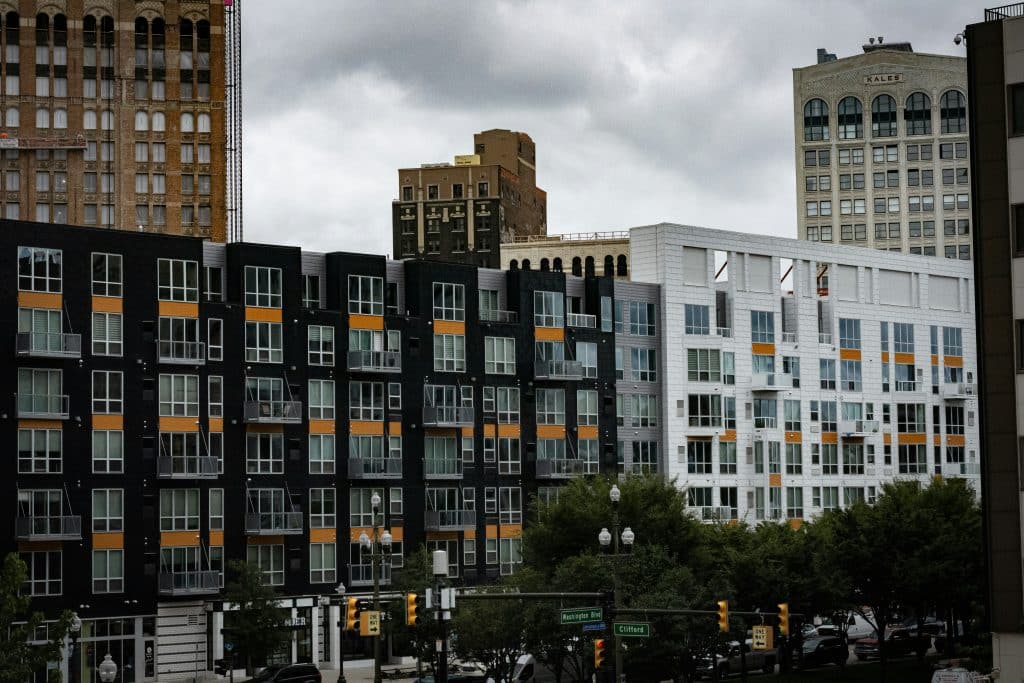 Modern mid-rise buildings in an urban district