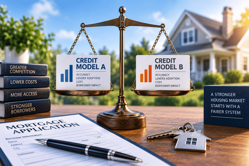 FICO and VantageScore shown on balanced scales beside a mortgage application, illustrating competition in mortgage credit scoring