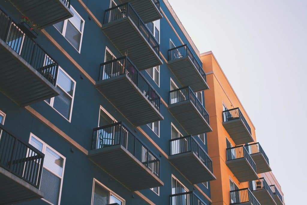 Colorful multistory apartment building facade