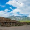 Adobe building with mountains in New Mexico