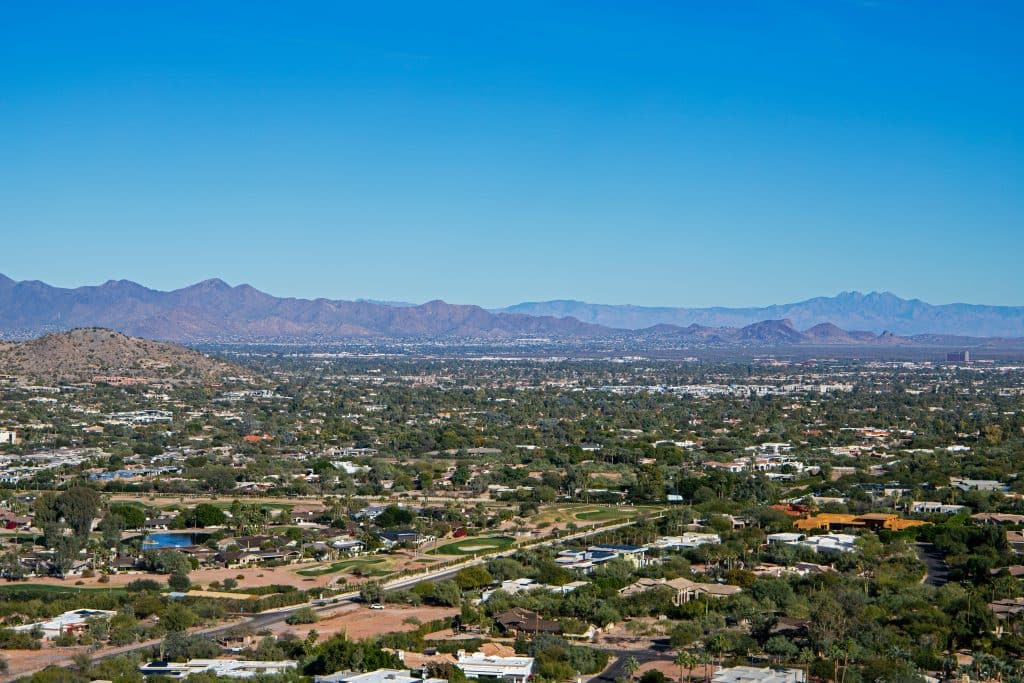 Aerial view of Phoenix with mountains in the background