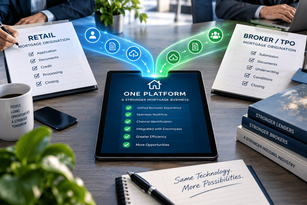 Editorial illustration showing retail and broker mortgage originations converging into a single digital lending workflow