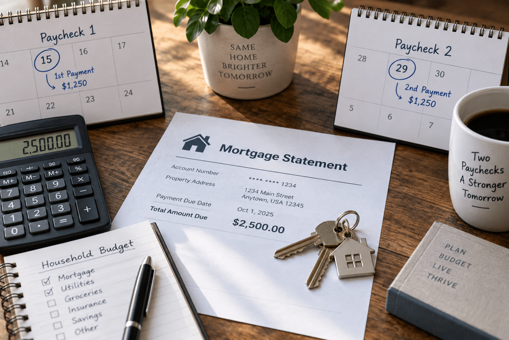 Mortgage statement and household budget illustrating a mortgage payment divided between two paychecks