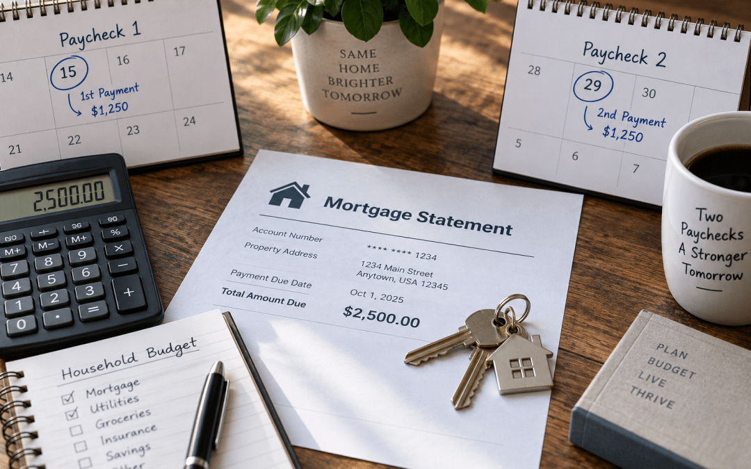 Mortgage statement and household budget illustrating a mortgage payment divided between two paychecks