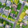 Aerial view of a dense American suburban neighborhood