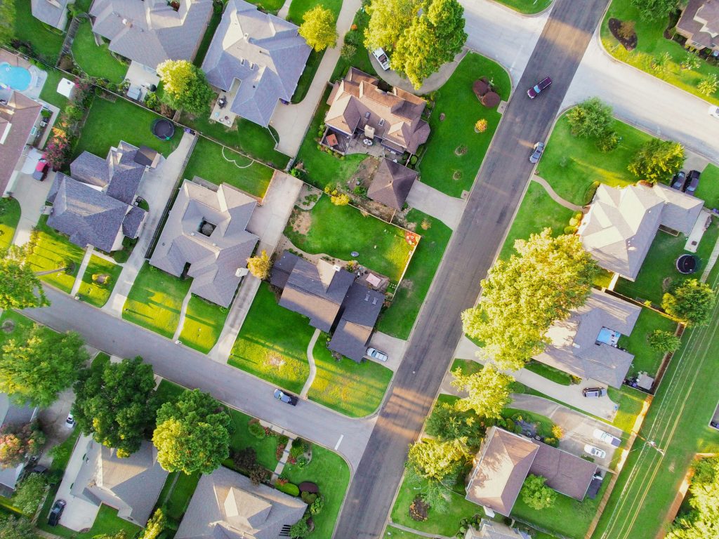 Aerial view of a dense American suburban neighborhood