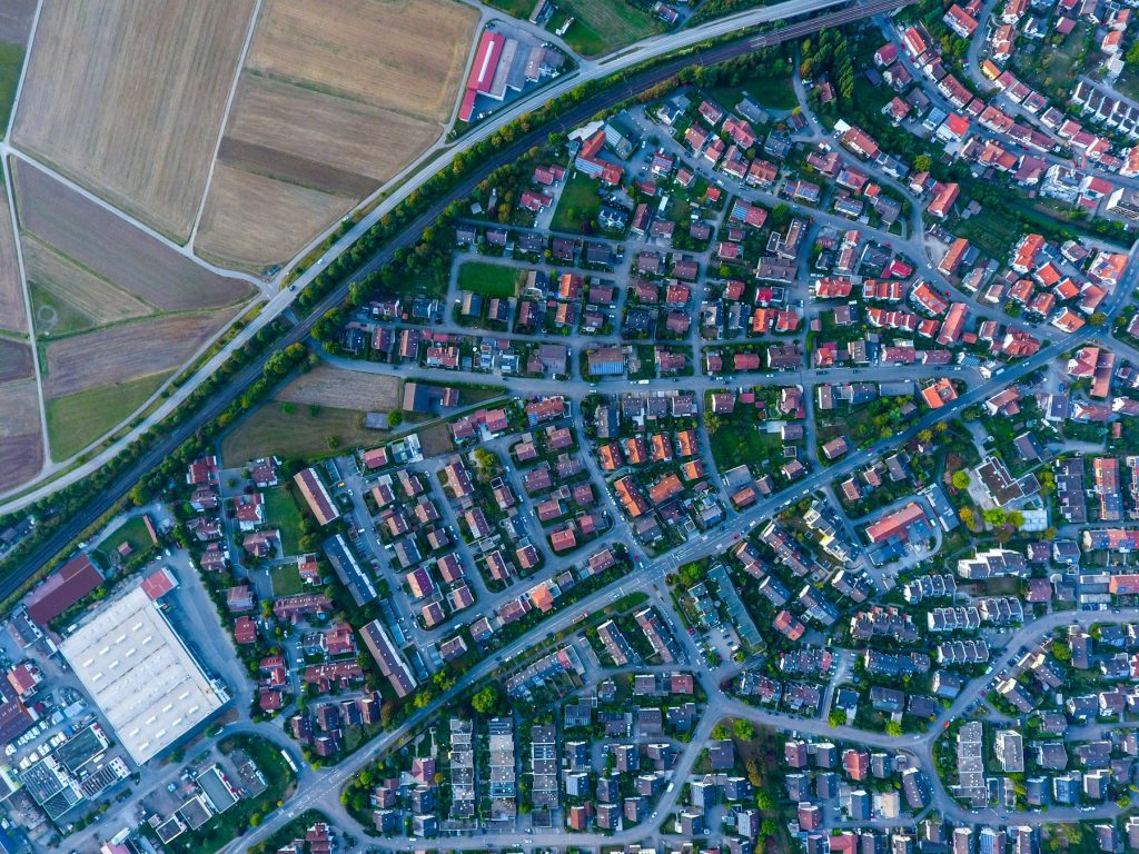 Aerial view of residential properties, illustrative image for geospatial imagery story