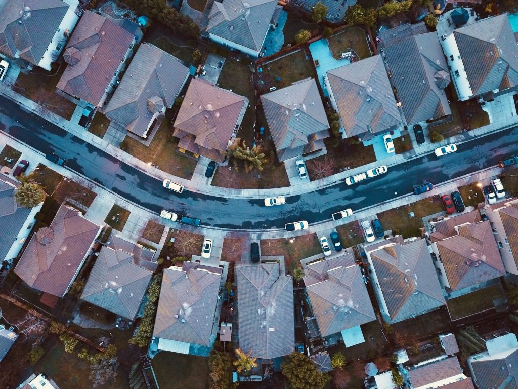 Aerial view of residential streets in Sacramento, California; illustrative image