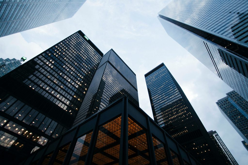 Commercial office buildings illustrating commercial real estate finance conditions.