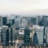 Aerial view of commercial office buildings, illustrative photograph