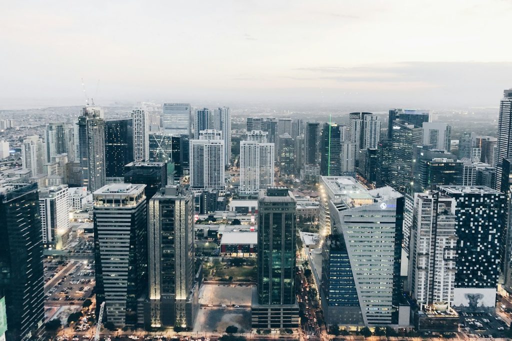 Aerial view of commercial office buildings, illustrative photograph