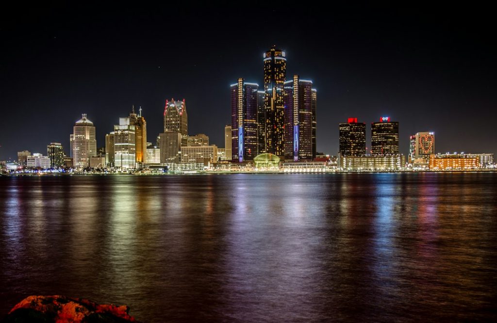 Detroit skyline, illustrative image of the city and not a verified current redevelopment view