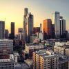 Downtown Los Angeles skyline illustrating discounted office loan trade; not specifically Wells Fargo Center South
