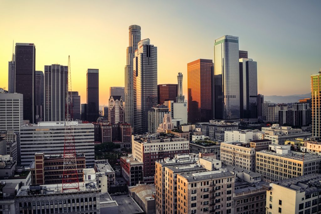 Downtown Los Angeles skyline illustrating discounted office loan trade; not specifically Wells Fargo Center South