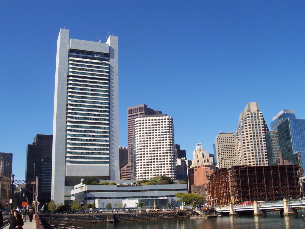 Federal Reserve Bank of Boston building viewed across Fort Point Channel in Boston