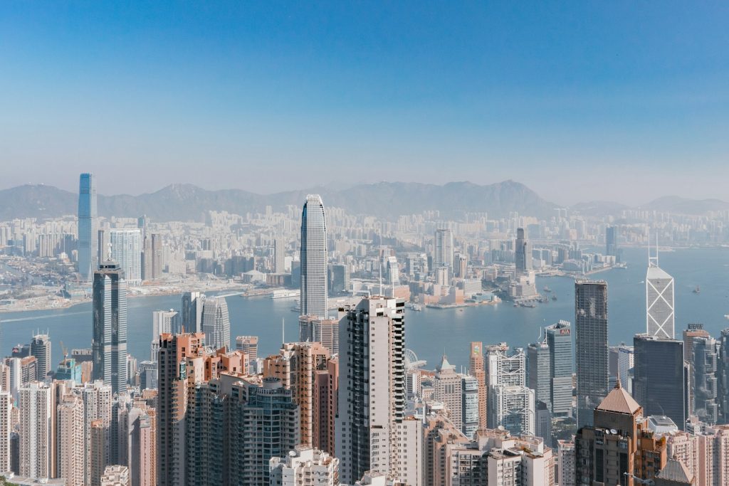 Hong Kong skyline illustrating Evergrande property services sale; not an identified Evergrande asset