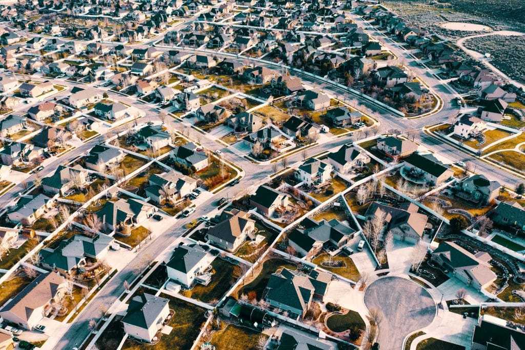 Aerial view of residential neighborhood; representative editorial image.