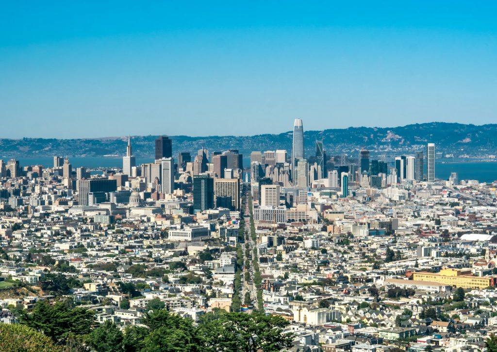 Aerial view of San Francisco illustrating proposed Caltrain railyards redevelopment